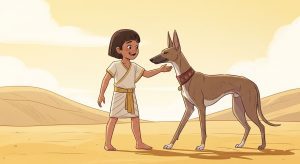 Ein Kind im alten Ägypten spielt freundlich mit einem wachsamen, aber lieben Hund im warmen Sonnenlicht.