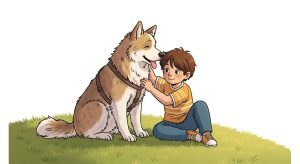 Ein Kind streichelt liebevoll einen großen, flauschigen Rettungshund auf einer grünen Wiese.