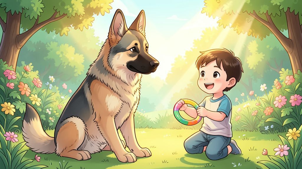 Ein freundlicher Deutscher Schäferhund spielt glücklich mit einem lachenden Kind in einem sonnigen Garten.