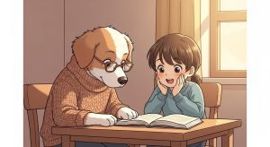 Eine Kinderbuch-Illustration eines staunenden Kindes, das gemeinsam mit einem menschenähnlichen Hund in ein Buch schaut.
