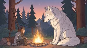 Eine liebevolle Zeichnung eines Wikingerkindes, das an einem Lagerfeuer sitzt und von einem großen, freundlichen Wolf begleitet wird.