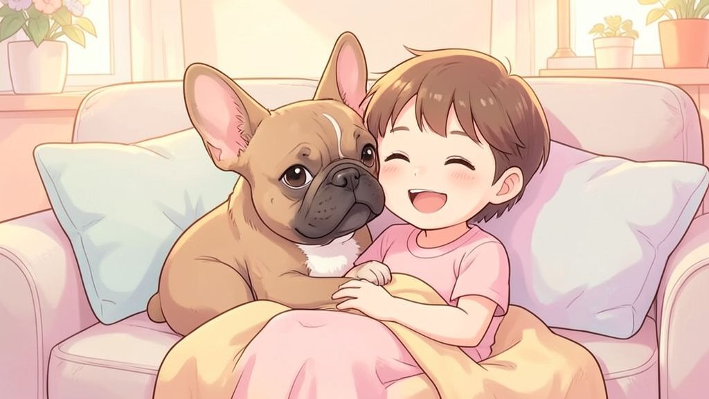 Illustration einer niedlichen Französischen Bulldogge mit großen Ohren, die gemütlich mit einem lachenden Kind auf einem Sofa kuschelt.