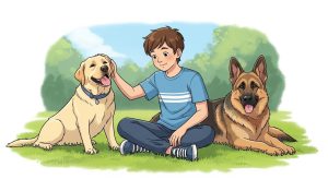 Ein fröhliches Kind sitzt auf einer Wiese und streichelt sanft einen Labrador Retriever, während ein Deutscher Schäferhund ruhig daneben liegt.