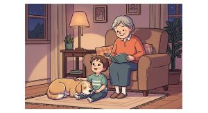 Eine Großmutter erzählt einem Kind eine Geschichte, während ein Hund friedlich auf dem Schoß des Kindes ruht.