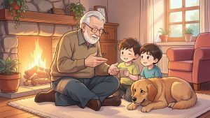 Ein Großvater sitzt am Kamin und erzählt zwei Kindern eine Geschichte. Ein Hund liegt gemütlich daneben auf dem Teppich.
