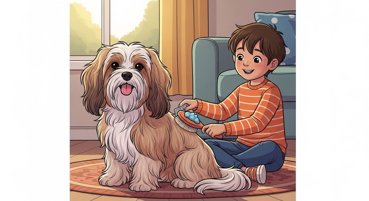 Ein fröhliches Kind bürstet sanft das weiche Fell eines kleinen Havaneser Hundes im Wohnzimmer.
