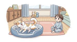 Ein fluffiger Hund dreht sich auf seinem weichen Hundebett im Kreis, während ein kind ihm lächelnd dabei zuschaut.