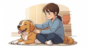 Ein Kind streichelt einen Hund sanft auf dem Kopf, der Hund genießt die Berührung mit geschlossenen Augen.