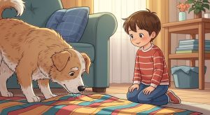 Ein Kind beobachtet lächelnd seinen Hund, der aufmerksam an einer Kuscheldecke schnüffelt.