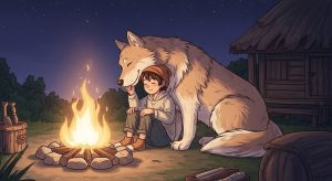 Ein Kind sitzt mit seinem treuen Hund an einem warmen Lagerfeuer und kuschelt mit ihm.