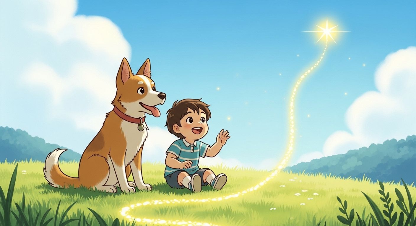 Ein Kind und ein Hund sitzen auf einer Wiese und staunen