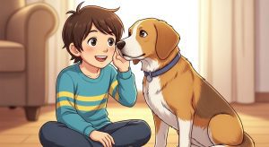 Ein Kind flüstert einem Hund ins Ohr, der aufmerksam zuhört und die Ohren spitzt.