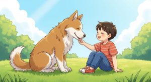 Ein flauschiger Hund leckt im Garten liebevoll die Hand eines lachenden Kindes.