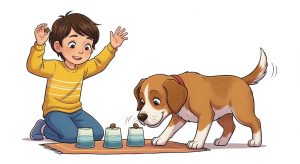 Ein Kind spielt mit seinem Hund ein Suchspiel, bei dem der Hund mit seiner Nase ein verstecktes Leckerli unter Bechern erschnüffelt. Beide sehen glücklich aus.