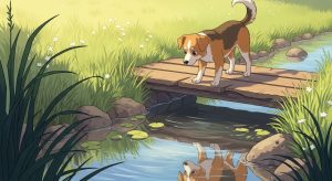 Eine farbenfrohe Kinderbuch-Illustration eines Hundes, der von einer kleinen Holzbrücke in einen Fluss schaut und sein Spiegelbild betrachtet.