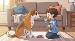 Ein fröhliches Kind spricht mit seinem Hund, der aufmerksam den Kopf schieflegt.