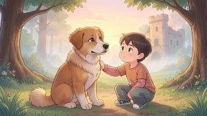 Ein Kind streichelt einen freundlichen Hund an einem Waldrand, im Hintergrund ist eine alte Burgruine.