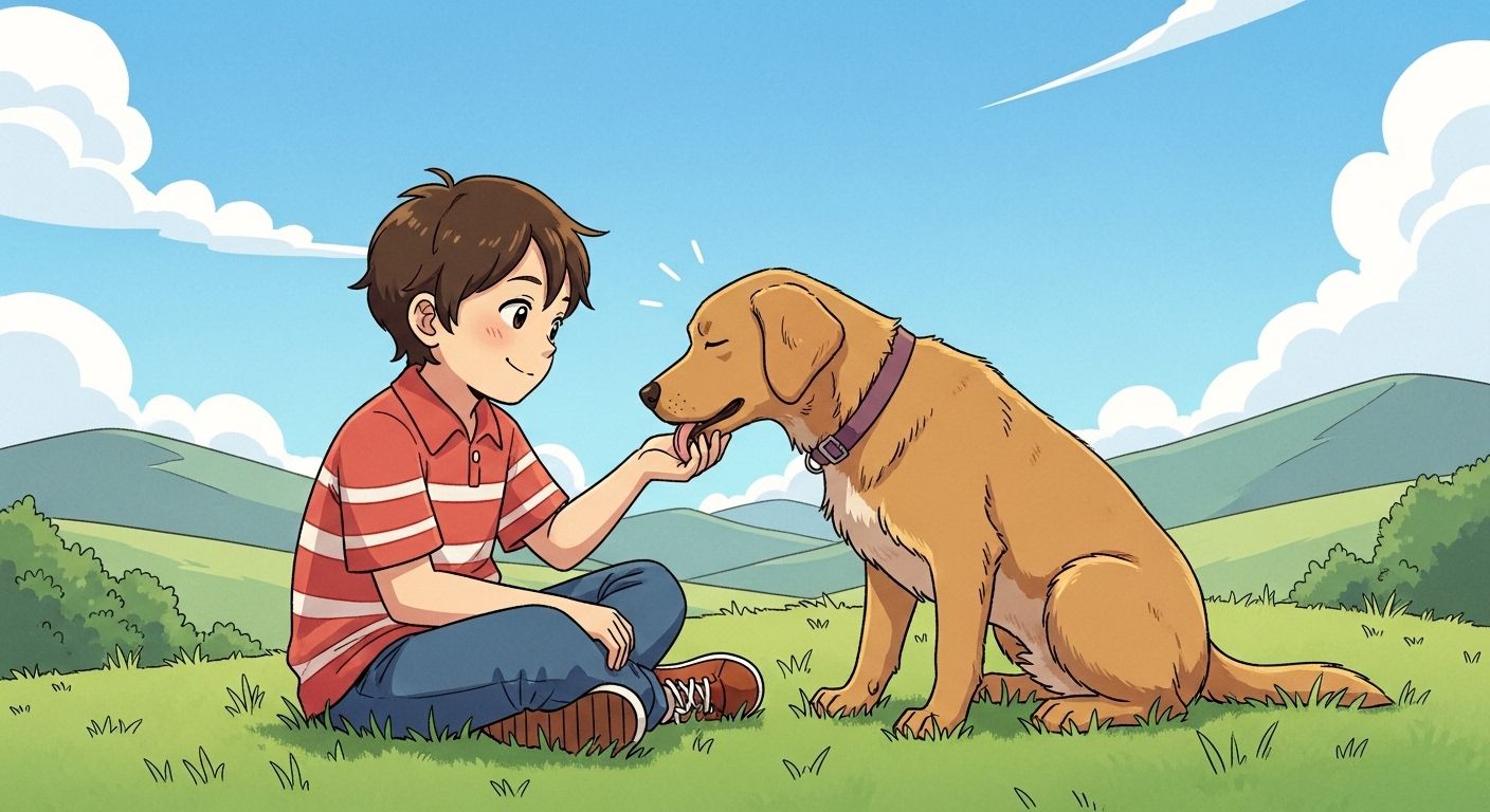 Ein glückliches Kind streichelt einen freundlichen Hund auf einer grünen Wiese.