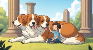 Ein freundlicher, riesiger Hund mit drei Köpfen liegt im Gras und lässt sich von einem Kind streicheln.