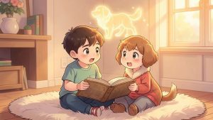 Ein Kind und ein Hund lesen zusammen ein Buch, aus dem eine leuchtende Hunde-Sage entsteht.