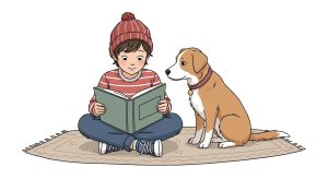 Ein Kind liest gemeinsam mit seinem Hund ein Buch auf dem Boden.