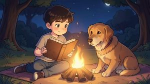 Ein Kind sitzt mit seinem Hund an einem Lagerfeuer und liest in einem großen, alten Buch über Mythen.