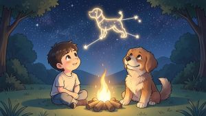 Ein Kind und ein Hund sitzen an einem Lagerfeuer und schauen in den Sternenhimmel, wo ein Hund aus Sternen leuchtet.