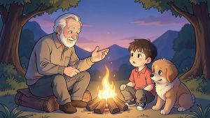 Ein Kind und ein freundlicher Hund sitzen abends an einem gemütlichen Lagerfeuer und lauschen gespannt der alten Geschichte eines Großvaters.