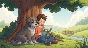 Ein Junge liest seinem aufmerksamen Hund aus einem Buch vor, während sie gemütlich unter einem Baum sitzen.