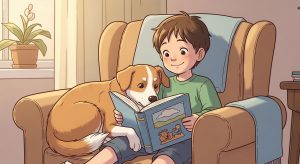 Ein lächelndes Kind sitzt gemütlich in einem Sessel und liest aus einem Buch vor, während ein freundlicher Hund neugierig zuhört und seinen Kopf auf das Bein des Kindes legt.