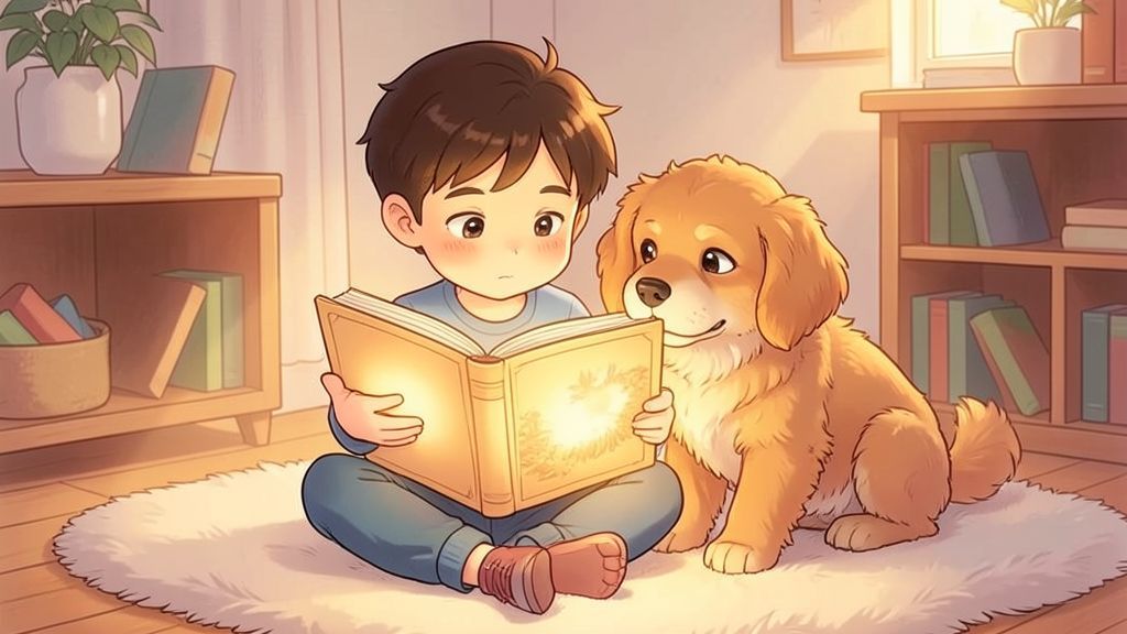 Ein Kind sitzt gemütlich auf einem Teppich und liest gemeinsam mit seinem flauschigen Hund in einem leuchtenden Buch.