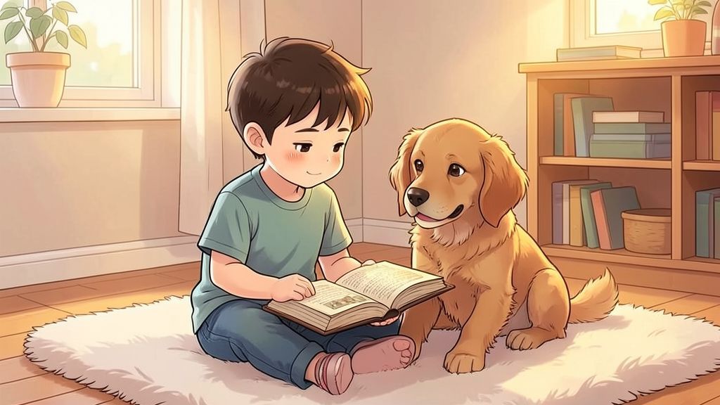 Ein Kind liest gemeinsam mit einem Hund gemütlich in einem dicken Buch.