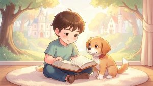 Ein Kind und ein kleiner Hund sitzen auf einem gemütlichen Teppich und betrachten zusammen ein großes Buch.