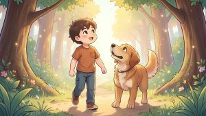 Ein Kind und ein aufmerksamer Hund gehen gemeinsam mutig durch einen hellen, freundlichen Märchenwald.