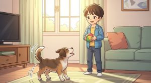 Ein fröhliches Kind hält einen Ball in der Hand, während ein Hund davor steht und aufgeregt mit dem Schwanz wedelt.