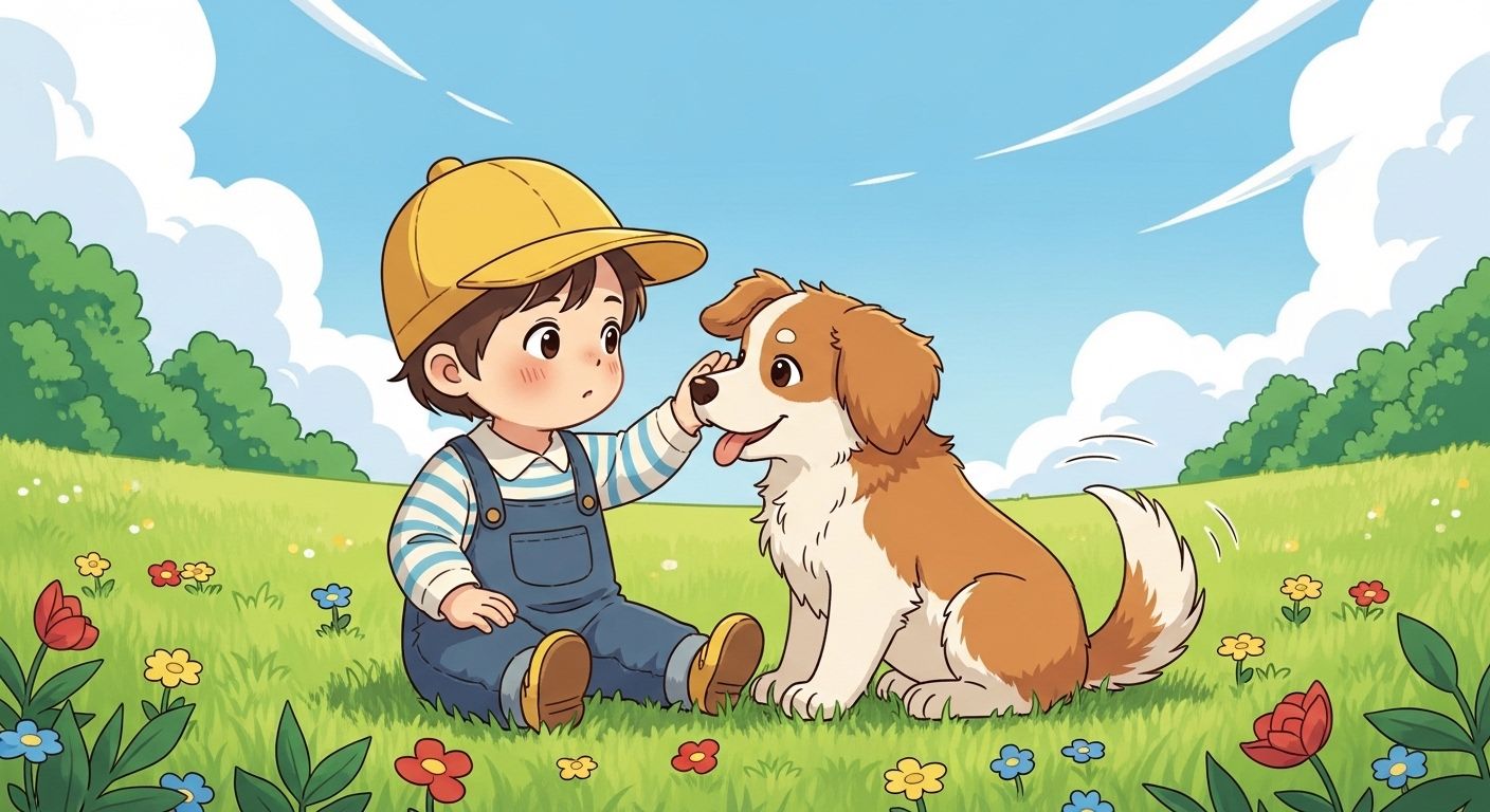 Ein neugieriges Kind und ein freundlicher Hund sitzen auf einer Wiese und sehen sich an.