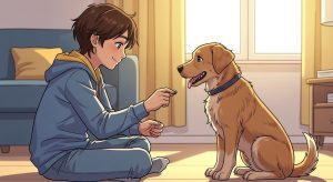 Ein lächelndes Kind gibt einem freundlichen Hund ein Leckerli, während der Hund brav sitzt und lernt. Sie sind in einem gemütlichen Wohnzimmer.