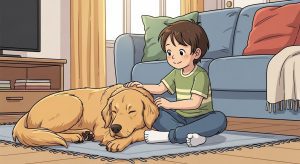 Ein Kind sitzt gemütlich auf dem Boden und streichelt liebevoll seinen großen, freundlichen Hund.