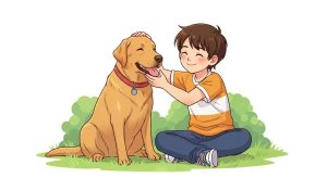 Ein fröhliches Kind streichelt einen goldenen Labrador Retriever in einem sonnigen Park.