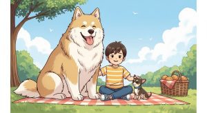 Ein Kind sitzt im Park auf einer Decke und streichelt einen riesigen, wuscheligen Hund und einen winzigen Chihuahua.