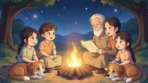 Kinder und Hunde sitzen gemütlich an einem Lagerfeuer, während ein älterer Mensch eine spannende Geschichte erzählt.