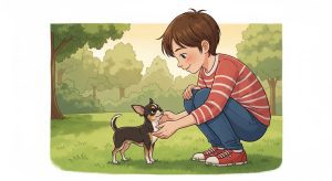 Ein Kind hockt auf einer Wiese und lächelt einen fröhlichen Chihuahua an, der auf dem Gras steht.