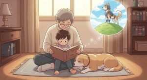 Ein Kind und eine ältere Person lesen gemeinsam mit einem Hund in einem Buch über eine alte Legende.