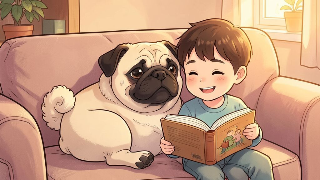 Ein niedlicher Mops kuschelt gemütlich mit einem glücklichen Kind auf einem Sofa