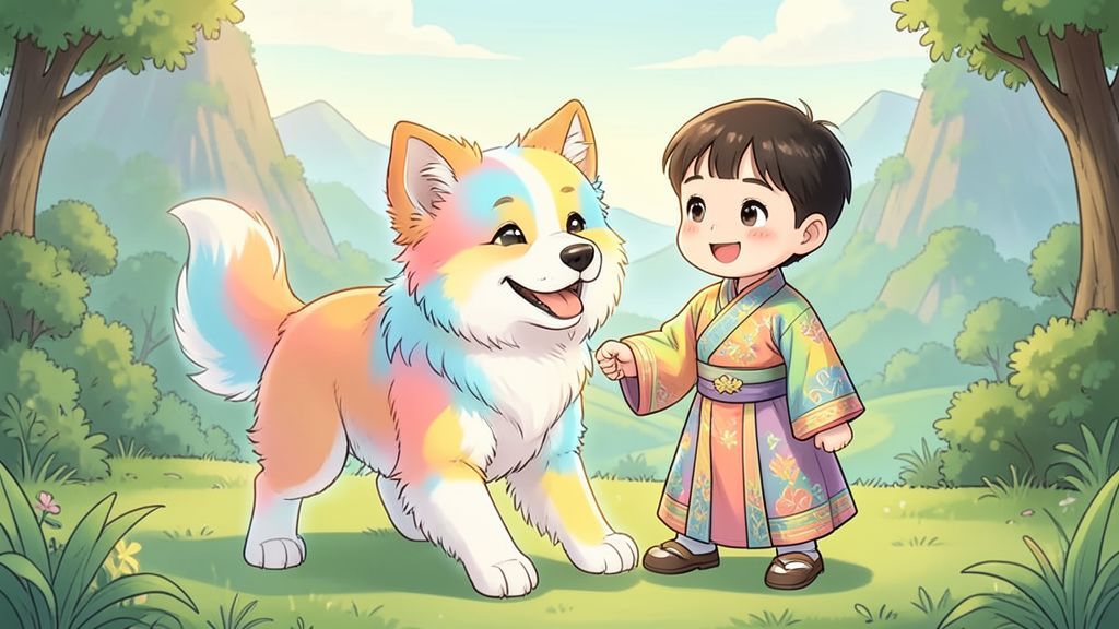 Illustration des bunten Legenden-Hundes Panhu, der fröhlich mit einem Kind in den Bergen spielt.