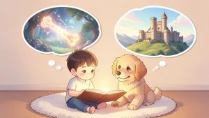 Ein Kind und ein Hund lesen gemeinsam in einem Buch und stellen sich dabei fantastische Märchen und spannende alte Sagen vor.