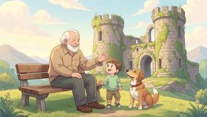 Ein Großvater erzählt einem Kind und einem Hund vor einer echten Burgruine eine alte Sage.