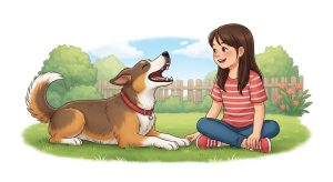 Ein lächelndes Kind sitzt im Garten vor seinem Hund, der fröhlich bellt und mit dem Schwanz wedelt.