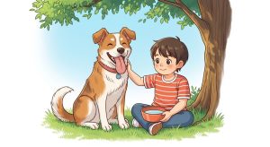 Eine liebevolle Kinderbuchillustration eines hechelnden Hundes, der im Sommer neben einem kind im Schatten sitzt und sich ausruht.