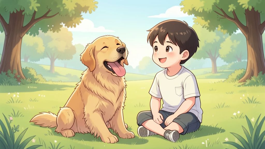 Ein Golden Retriever gähnt entspannt neben einem Kind im Park.